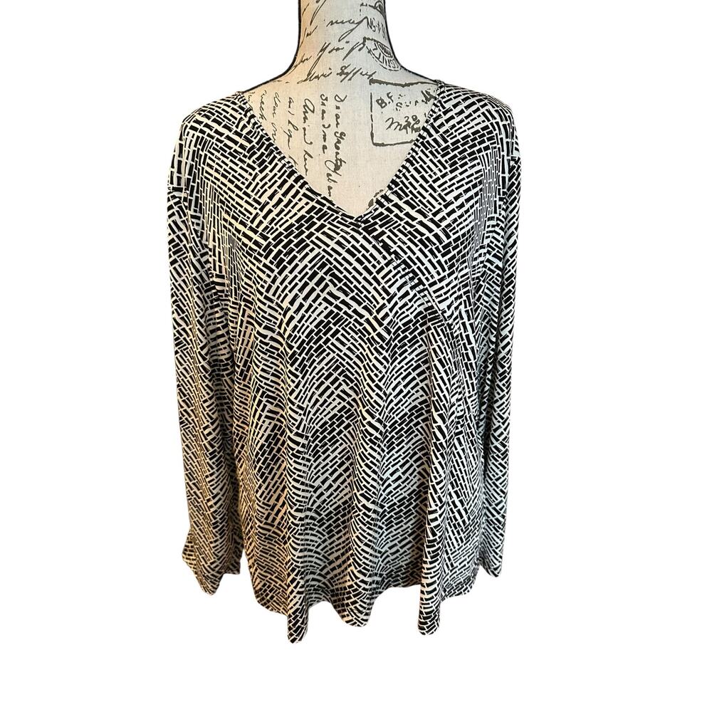 Laura Ashley Black&White Abstract Brushstroke Long Sleeve V Neck Blouse Size L
